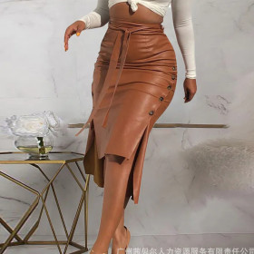 Split Mid Length Slim Fit Strap Skirt