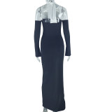 Hanging Neck Off Shoulder Long Sleeved Casual Slit Style Skirt