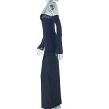 Hanging Neck Off Shoulder Long Sleeved Casual Slit Style Skirt