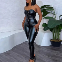 PU Strap Tight Fitting Strapless Top Set High Waist Tight Fitting Small Foot Leather Pants