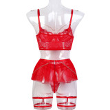 Lace Metal Chain See Through Mesh Canopy Short Skirt Four Piece Set