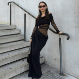 One Shoulder Long Sleeved Open Waist Patchwork Dress