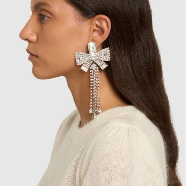 Bow Tassel Ear Clip Rhinestone Earrings