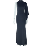 Solid Color Dress with Single Sleeve Round Neck Pullover
