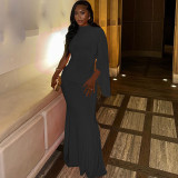 Solid Color Dress with Single Sleeve Round Neck Pullover