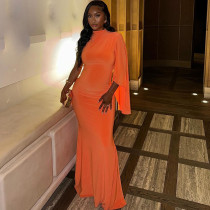 Solid Color Dress with Single Sleeve Round Neck Pullover