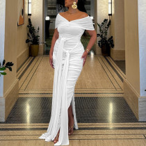 One Collar Off Shoulder Sleeveless Flowing Ribbon Style Slit Skirt