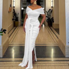 One Collar Off Shoulder Sleeveless Flowing Ribbon Style Slit Skirt