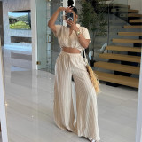 Striped Short Sleeved Shirt High Waisted Drawstring Wide Leg Pants Two-piece Set