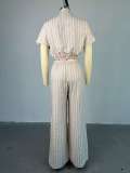 Striped Short Sleeved Shirt High Waisted Drawstring Wide Leg Pants Two-piece Set