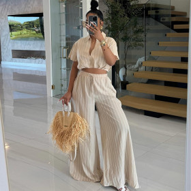 Striped Short Sleeved Shirt High Waisted Drawstring Wide Leg Pants Two-piece Set
