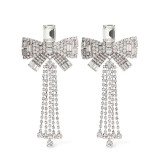 Bow Tassel Ear Clip Rhinestone Earrings