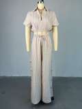 Striped Short Sleeved Shirt High Waisted Drawstring Wide Leg Pants Two-piece Set
