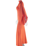 Solid Color Dress with Single Sleeve Round Neck Pullover