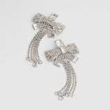 Bow Tassel Ear Clip Rhinestone Earrings