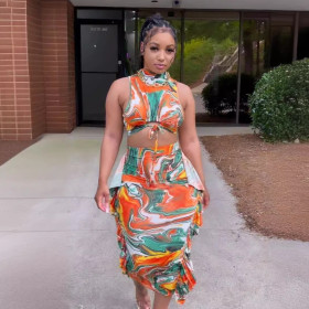 Printed Sleeveless Headband Tied Lace Long Skirt Two-piece Set