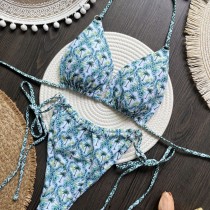 Printed Lace Up Sexy Bikini Split