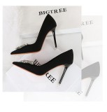 Silk Shallow Mouth Pointed Metal Rhinestone Bow Single Shoes