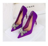 Silk Shallow Mouth Pointed Metal Rhinestone Bow Single Shoes