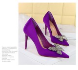 Silk Shallow Mouth Pointed Metal Rhinestone Bow Single Shoes