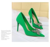 Silk Shallow Mouth Pointed Metal Rhinestone Bow Single Shoes