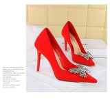 Silk Shallow Mouth Pointed Metal Rhinestone Bow Single Shoes