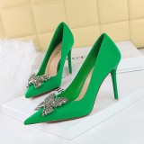 Silk Shallow Mouth Pointed Metal Rhinestone Bow Single Shoes