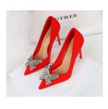Silk Shallow Mouth Pointed Metal Rhinestone Bow Single Shoes