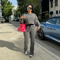 Long Sleeved Hooded Sweatshirt Embroidered Straight Leg Lace Up Casual Pants Set
