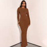 Striped Solid Color Slim Fit Round Neck Long Sleeved Dress