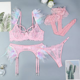 Colorful Feather Lace Splicing Hollow Sexy Underwear Four Piece Set