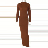 Striped Solid Color Slim Fit Round Neck Long Sleeved Dress