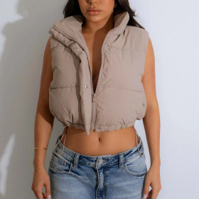 Solid Color Stand Up Collar Sleeveless Zipper Cotton Vest