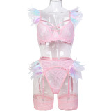 Colorful Feather Lace Splicing Hollow Sexy Underwear Four Piece Set