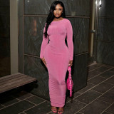 Striped Solid Color Slim Fit Round Neck Long Sleeved Dress