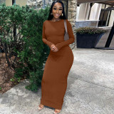 Striped Solid Color Slim Fit Round Neck Long Sleeved Dress