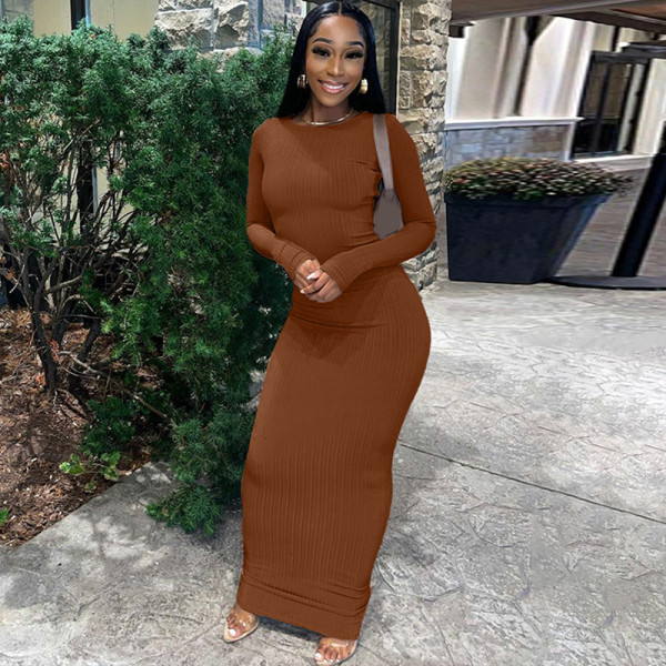 Striped Solid Color Slim Fit Round Neck Long Sleeved Dress