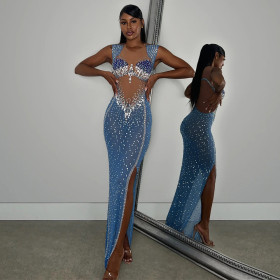 Mesh Hot Stamping Dress See Through Sleeveless Long Dress Evening Gown