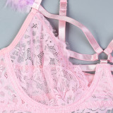 Colorful Feather Lace Splicing Hollow Sexy Underwear Four Piece Set