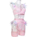 Colorful Feather Lace Splicing Hollow Sexy Underwear Four Piece Set