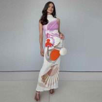 Printed Semi High Neck Slim Fit Long Skirt Sleeveless Dress