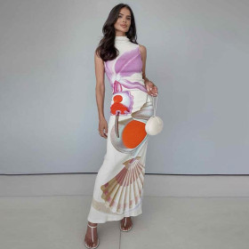 Printed Semi High Neck Slim Fit Long Skirt Sleeveless Dress