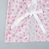 Perspective Sleepwear Lace Patchwork Printed Mesh Elastic Split Suspender Soft Two-piece Set