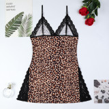 Pajama Print Leopard Print Lace with Slit Suspender V-neck Skirt Sleeping
