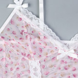 Perspective Sleepwear Lace Patchwork Printed Mesh Elastic Split Suspender Soft Two-piece Set