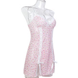 Perspective Sleepwear Lace Patchwork Printed Mesh Elastic Split Suspender Soft Two-piece Set