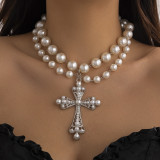 Multi Layer Imitation Pearl Cross Collar Geometric Alloy Collarbone Chain