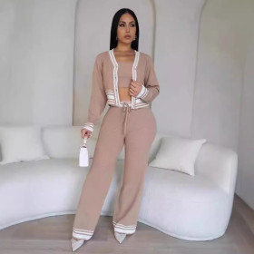 Striped Cardigan Knitted Casual Three Piece Set
