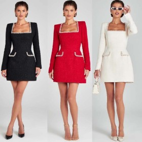 U-neck Long Sleeved Nail Bead Small Fragrant Style Dress