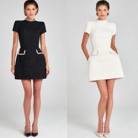 Slim Round Neck Nail Bead Small Fragrant Style Dress